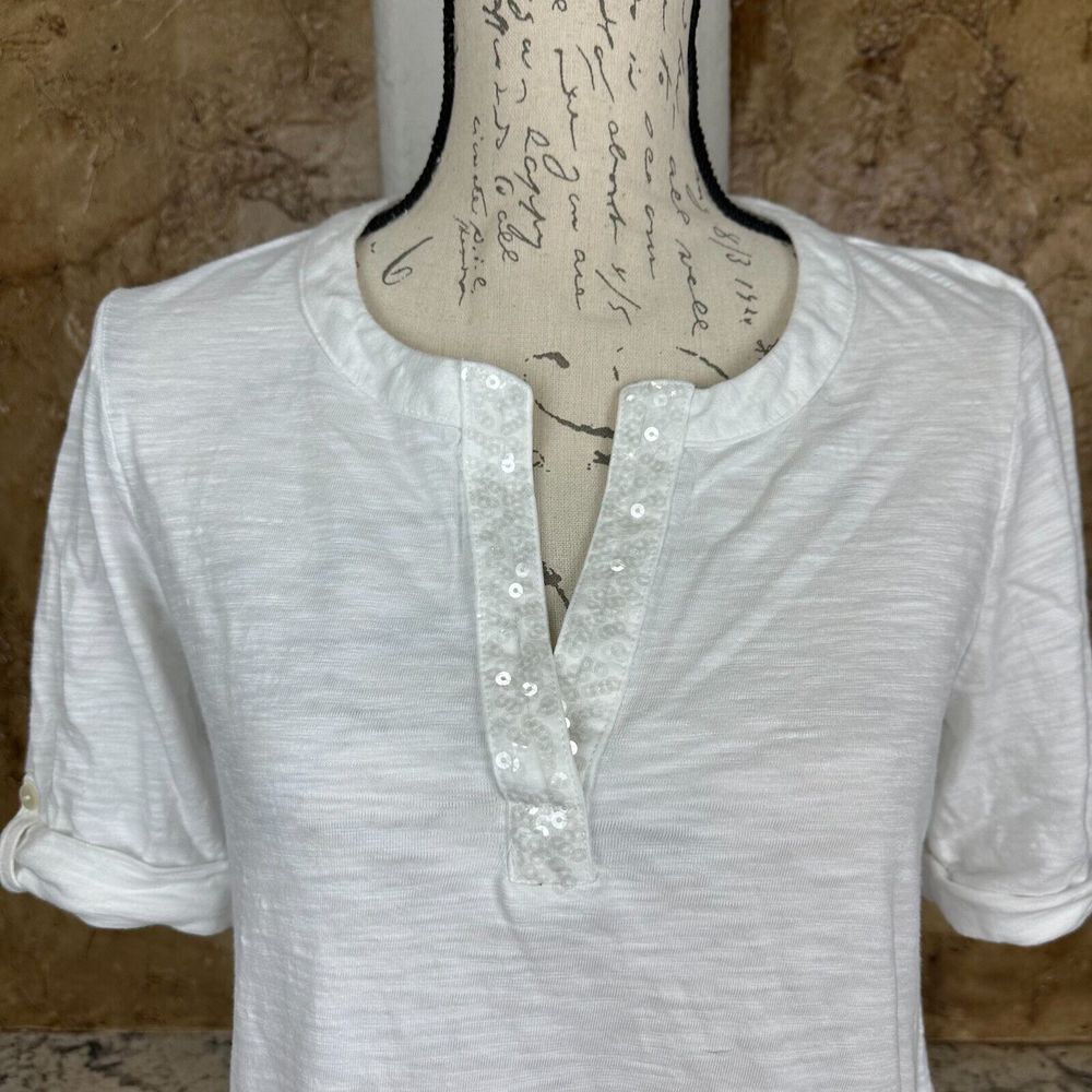 Chico's Tunic Top Womens Small White Sequin Trim Notch Neck Bohemian‎ Bohochic